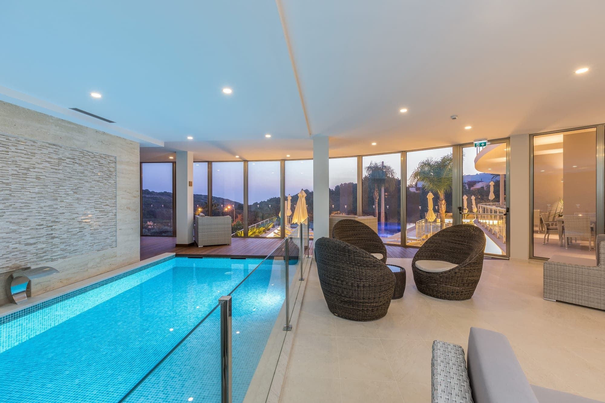 The indoor pool at dusk